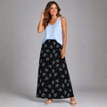 Black Blue Floral Elastic Waist Maxi Skirt