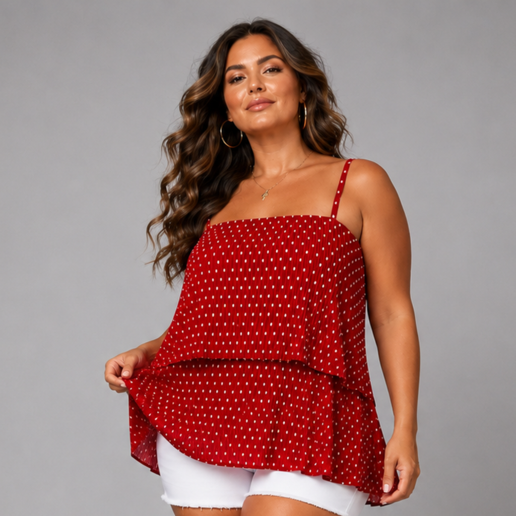 Polka Dot Strappy Pleated Layered Cami Top Blouse