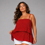 Polka Dot Strappy Pleated Layered Cami Top Blouse