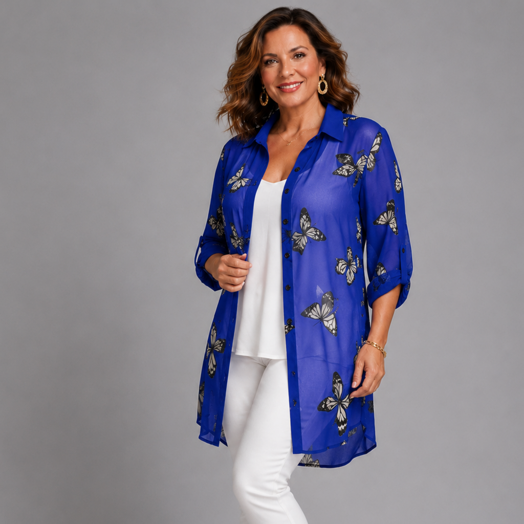Long Length Chiffon Blouse / Shirt with Butterfly Print