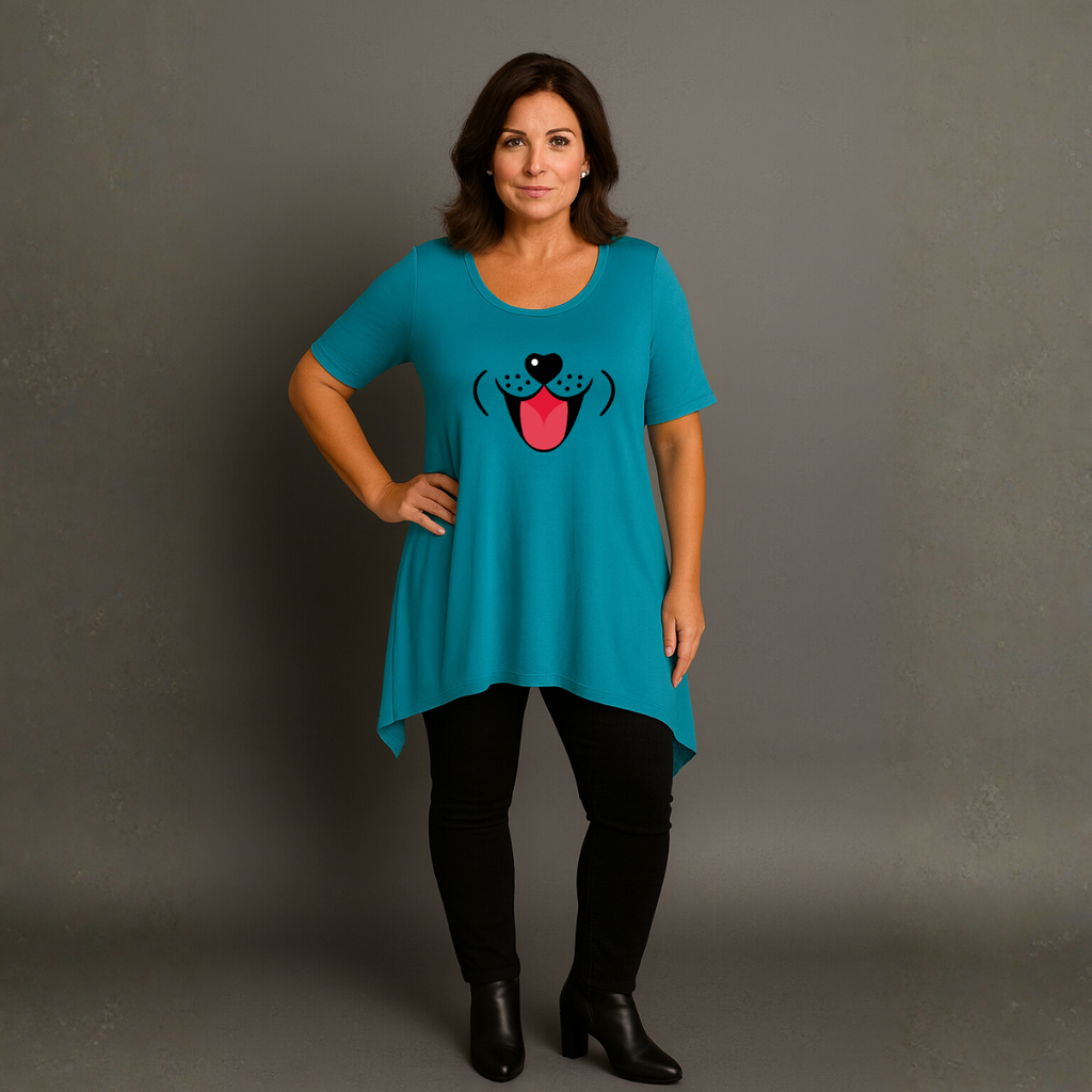 Fun Dog Face Long Length Hanky Hem Swing Top