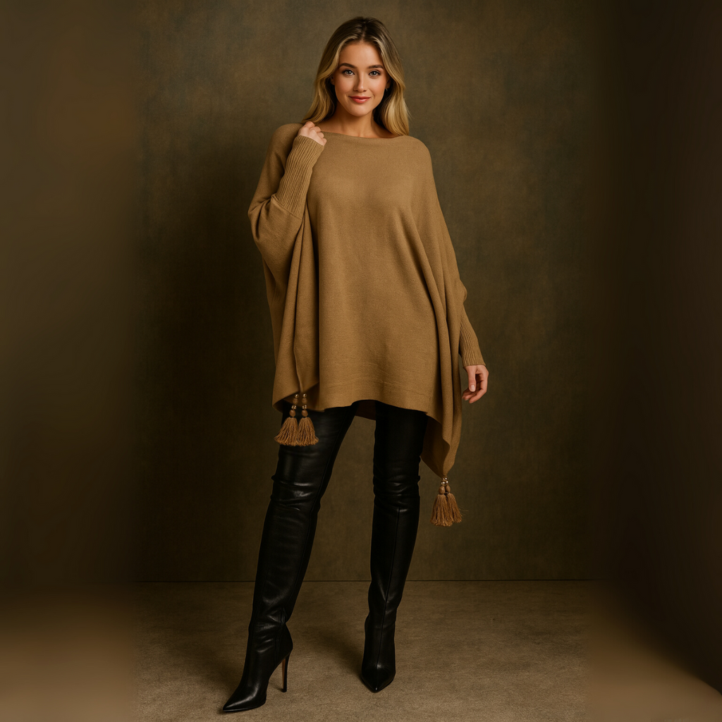 Slash Neck Oversized Jumper with Tassel Detail