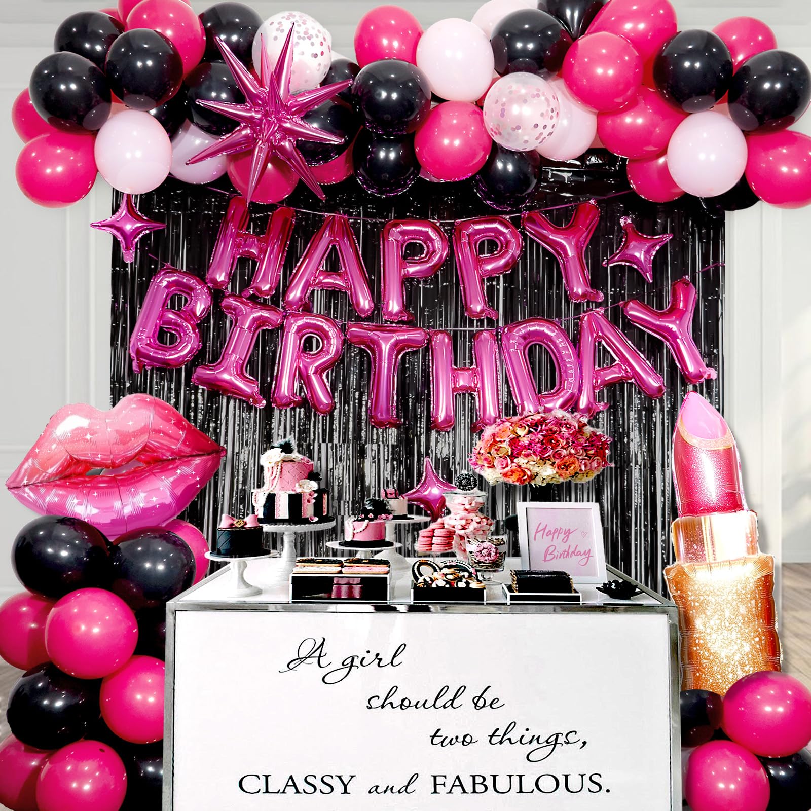 saratimtou Pink & Black Birthday Decorations – Hot Pink Banner, Fringe Curtains & Balloons for Milestone Birthdays