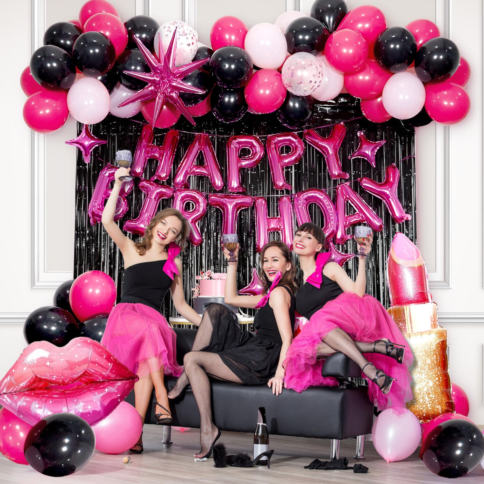saratimtou Pink & Black Birthday Decorations – Hot Pink Banner, Fringe Curtains & Balloons for Milestone Birthdays