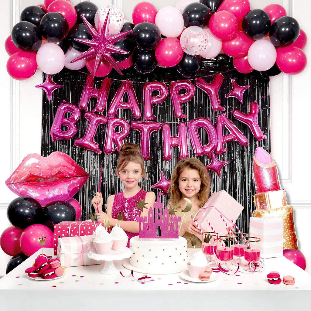 saratimtou Pink & Black Birthday Decorations – Hot Pink Banner, Fringe Curtains & Balloons for Milestone Birthdays