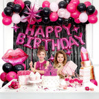saratimtou Pink & Black Birthday Decorations – Hot Pink Banner, Fringe Curtains & Balloons for Milestone Birthdays