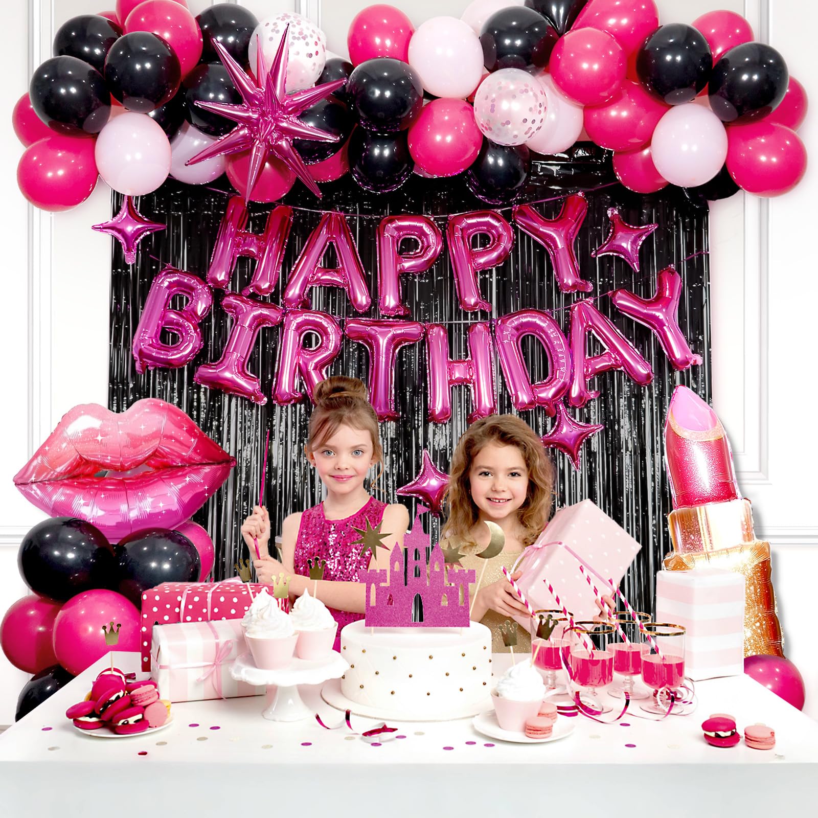 saratimtou Pink & Black Birthday Decorations – Hot Pink Banner, Fringe Curtains & Balloons for Milestone Birthdays