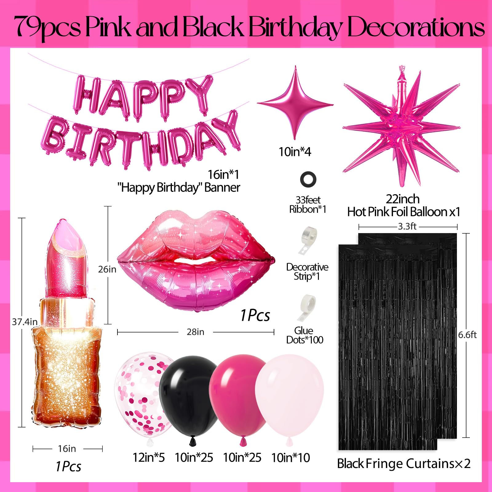 saratimtou Pink & Black Birthday Decorations – Hot Pink Banner, Fringe Curtains & Balloons for Milestone Birthdays