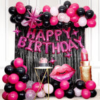 saratimtou Pink & Black Birthday Decorations – Hot Pink Banner, Fringe Curtains & Balloons for Milestone Birthdays