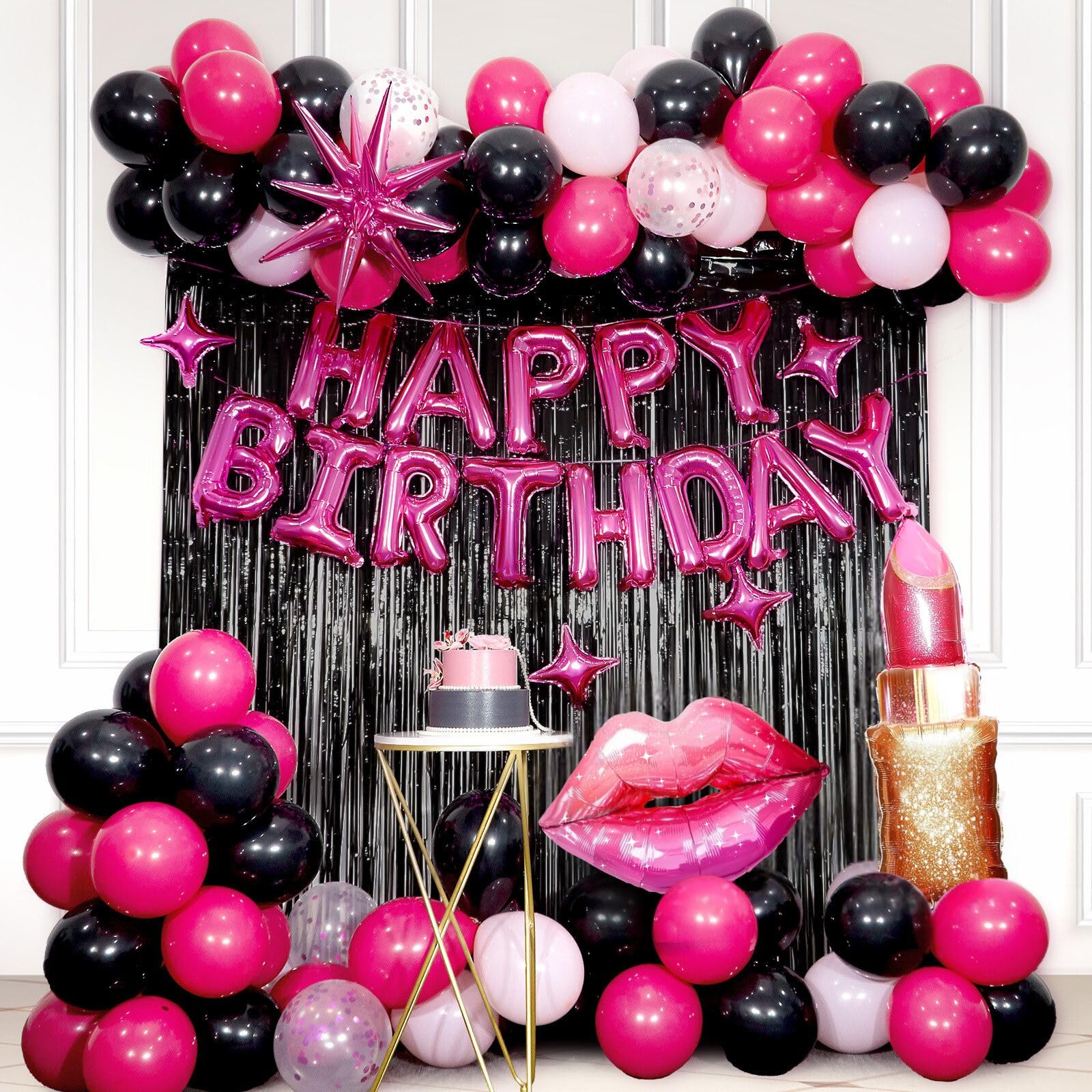 saratimtou Pink & Black Birthday Decorations – Hot Pink Banner, Fringe Curtains & Balloons for Milestone Birthdays