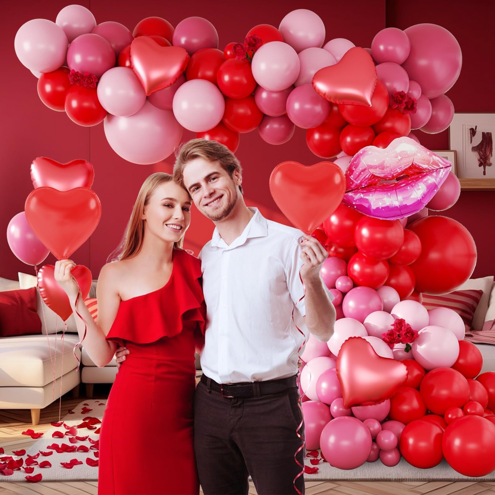 Saratimtou 153pcs Valentines Day Balloon Arch Garland Kit – Red & Hot Pink Balloons for Weddings, Engagements, and Parties