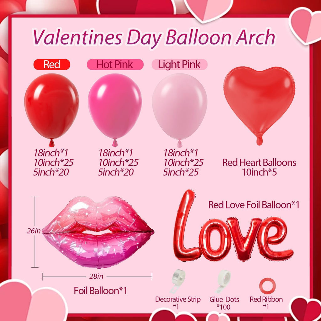 Saratimtou 153pcs Valentines Day Balloon Arch Garland Kit – Red & Hot Pink Balloons for Weddings, Engagements, and Parties