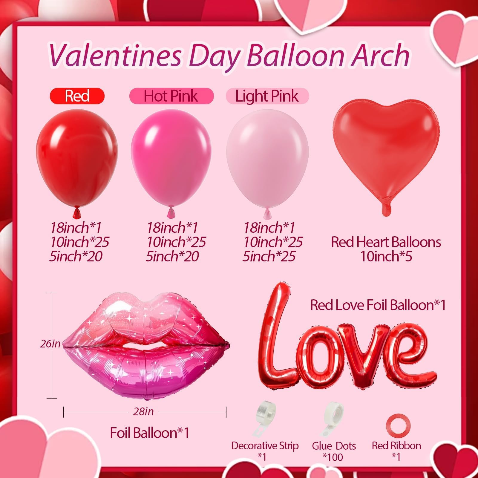 Saratimtou 153pcs Valentines Day Balloon Arch Garland Kit – Red & Hot Pink Balloons for Weddings, Engagements, and Parties