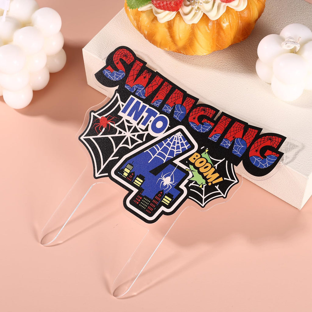 Savita Spider 4th Birthday Cake Topper – Spider Web Theme, Acrylic, Easy Insert