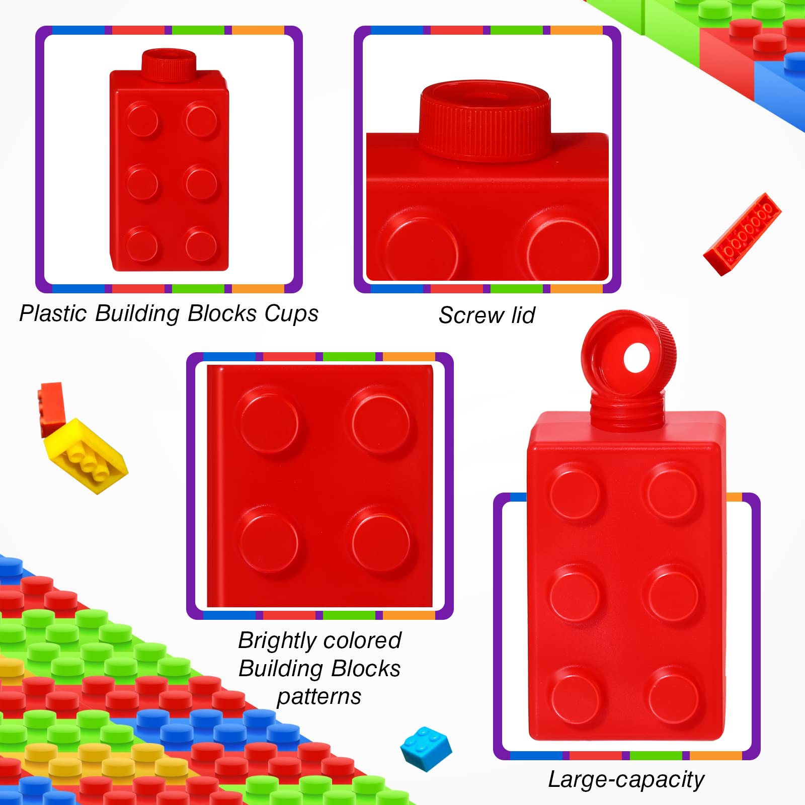 Sawysine 12-Set Building Blocks Cups 10 oz – Reusable Plastic Party Favors with Lids & Straws