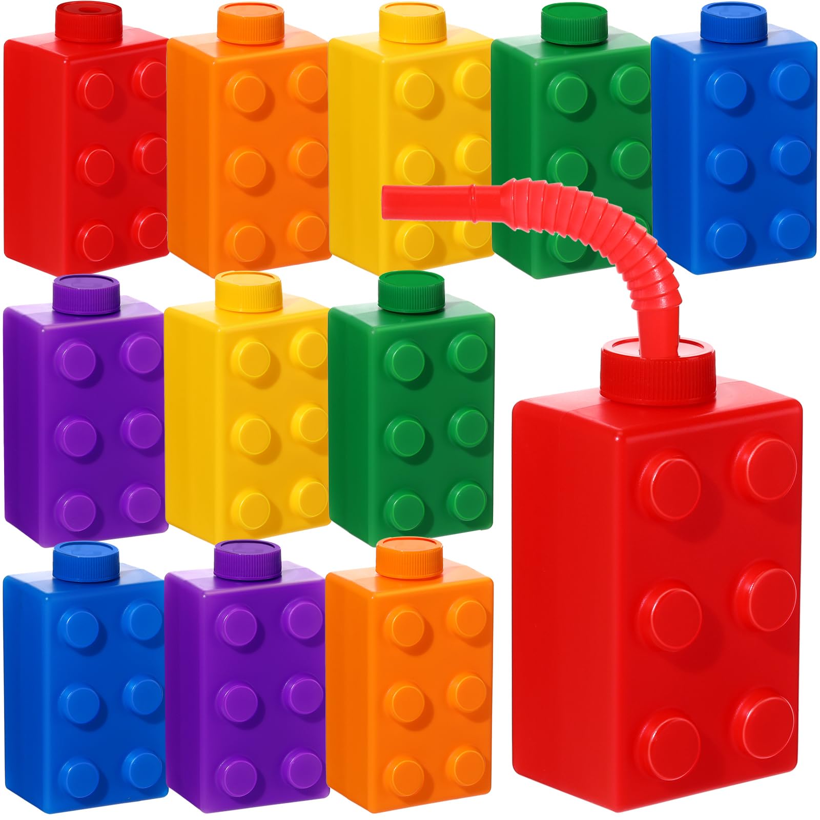Sawysine 12-Set Building Blocks Cups 10 oz – Reusable Plastic Party Favors with Lids & Straws