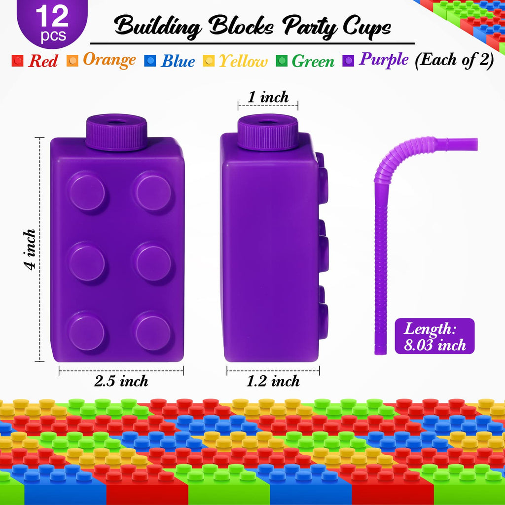 Sawysine 12-Set Building Blocks Cups 10 oz – Reusable Plastic Party Favors with Lids & Straws