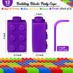 Sawysine 12-Set Building Blocks Cups 10 oz – Reusable Plastic Party Favors with Lids & Straws
