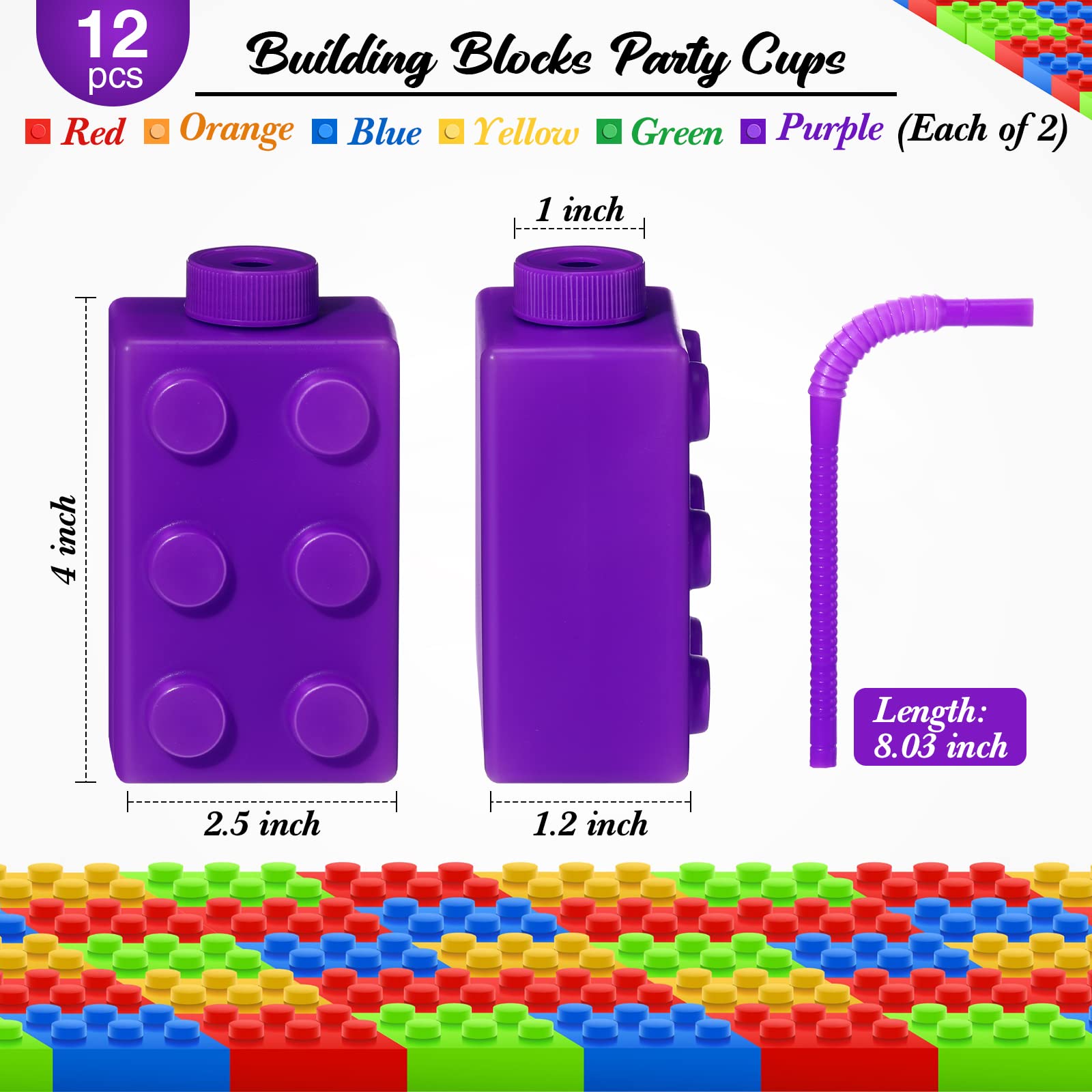 Sawysine 12-Set Building Blocks Cups 10 oz – Reusable Plastic Party Favors with Lids & Straws