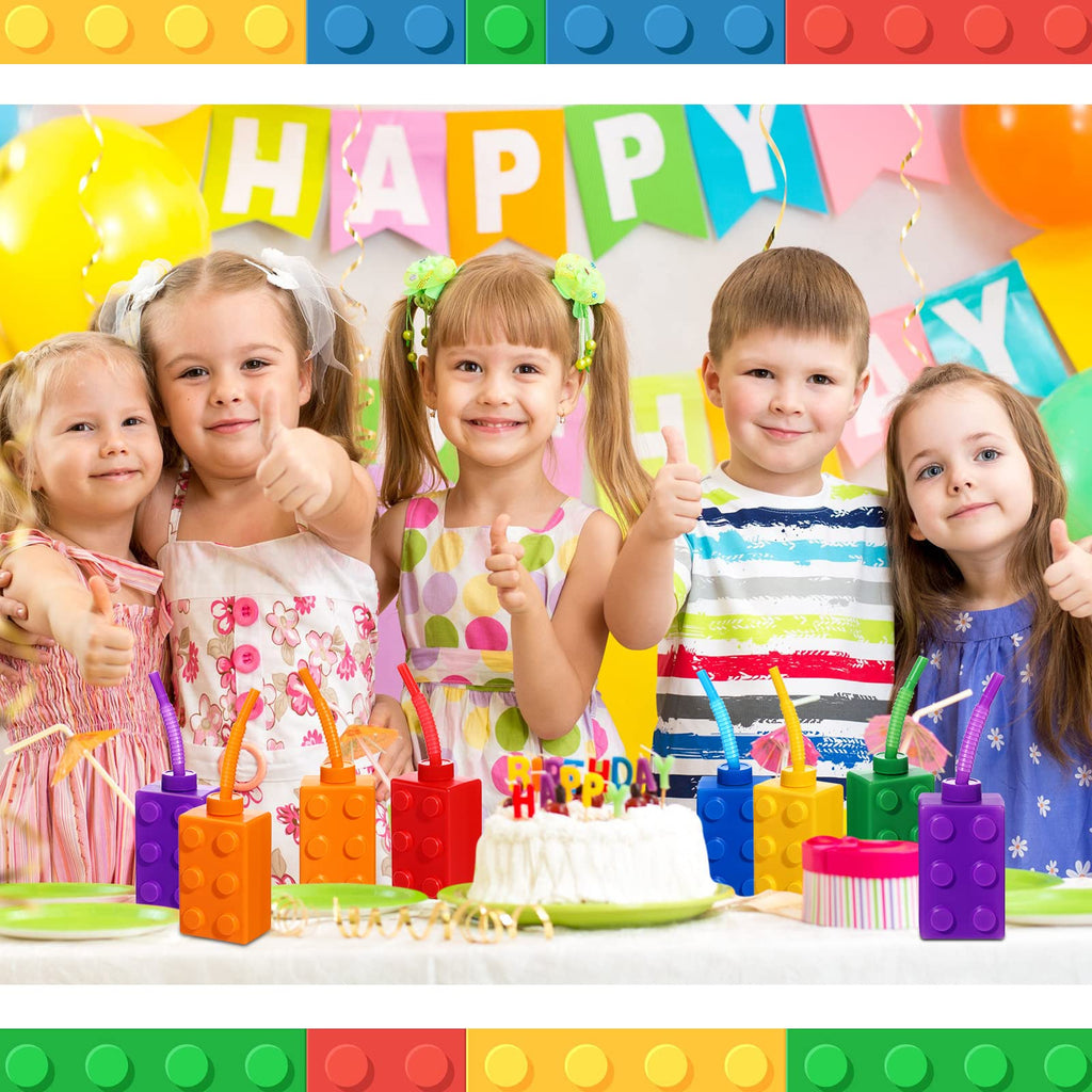 Sawysine 12-Set Building Blocks Cups 10 oz – Reusable Plastic Party Favors with Lids & Straws