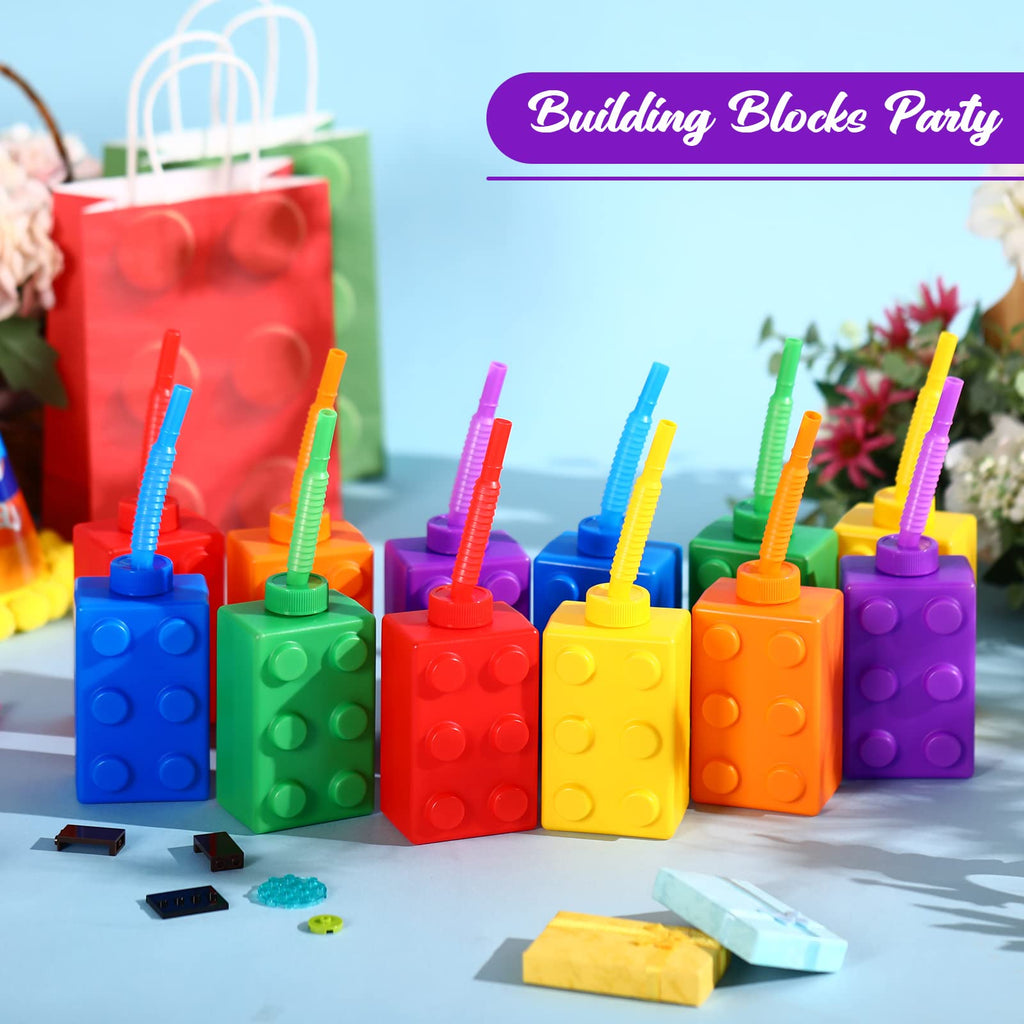 Sawysine 12-Set Building Blocks Cups 10 oz – Reusable Plastic Party Favors with Lids & Straws