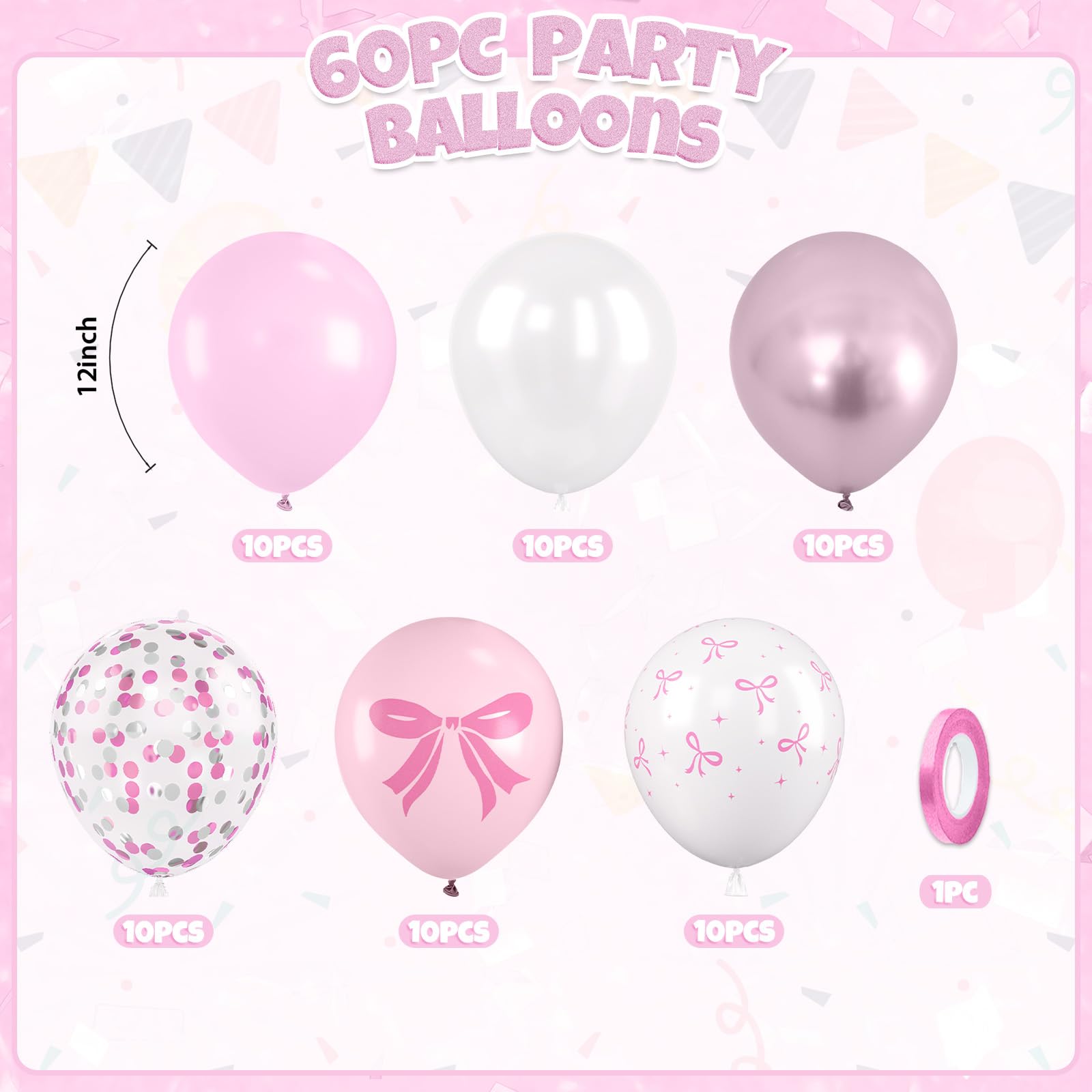 Saxuxu Pink Bow Balloons – 60pc Pink & White Kit with Confetti & Ribbon for Birthday, Wedding, Baby Shower