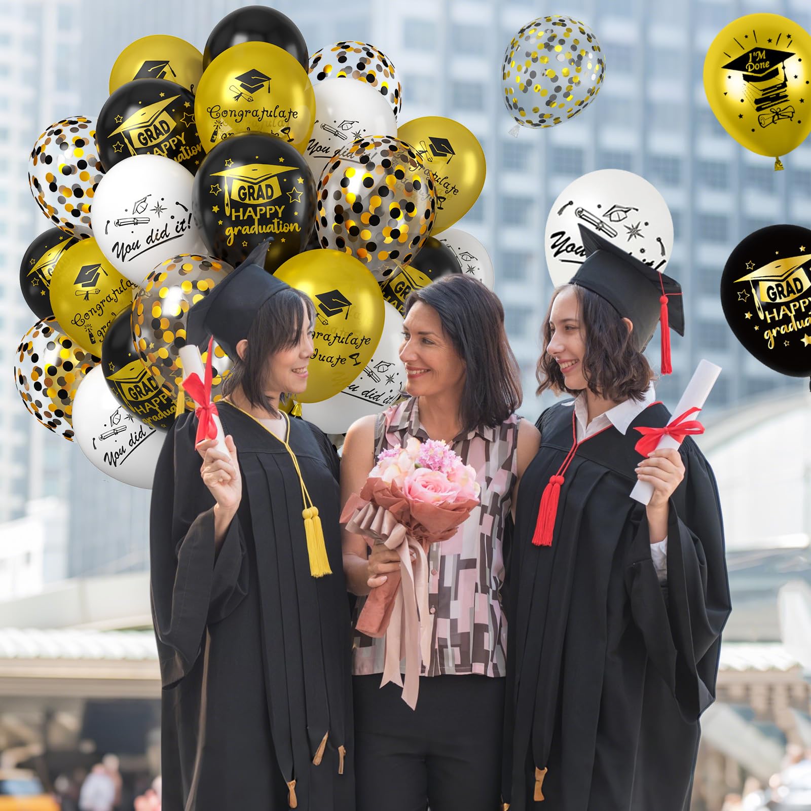 Saxuxu Graduation Balloons Set – 50pcs 12in Black Gold White Confetti for Class of 2025