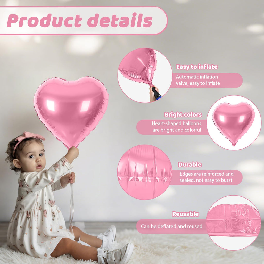 Saxuxu Hot Pink & Black Heart Balloons – 20 Pcs Foil Hearts (5/10/18in) for Valentine’s Day & Weddings