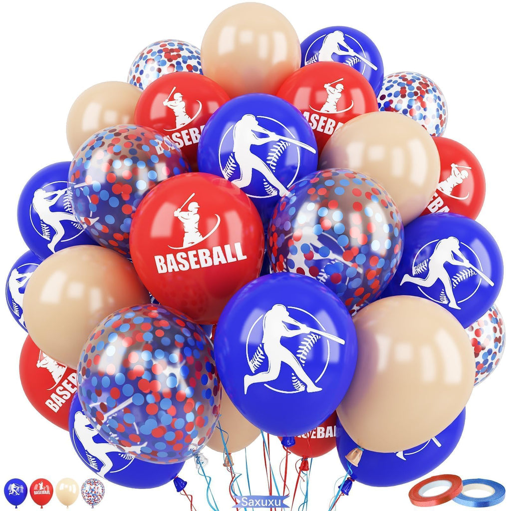Saxuxu Baseball Balloons – 60pc 12in Confetti Red/Blue/Apricot for Sports Party Decorations