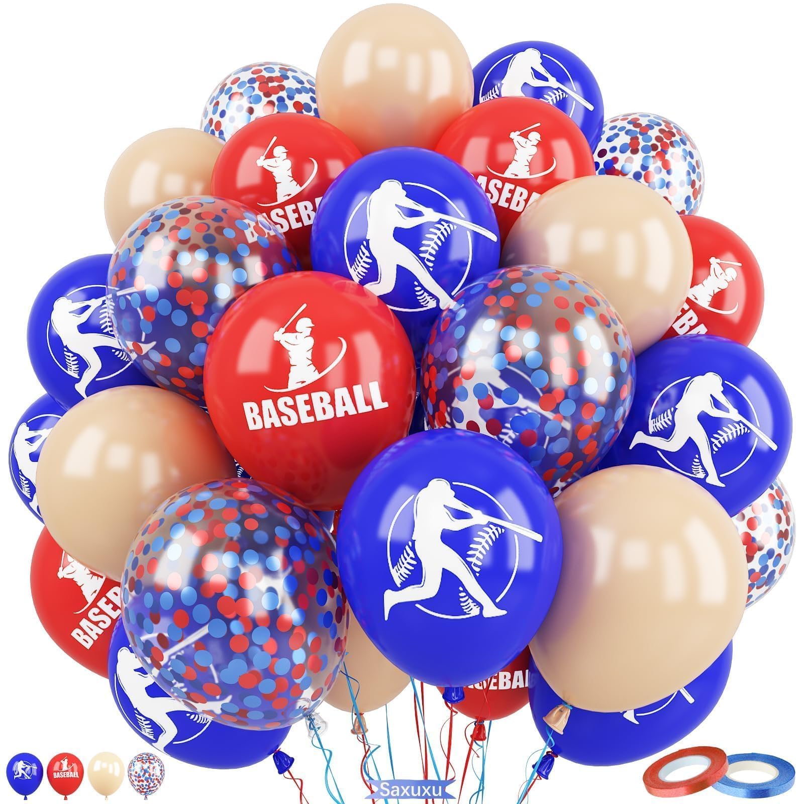 Saxuxu Baseball Balloons – 60pc 12in Confetti Red/Blue/Apricot for Sports Party Decorations