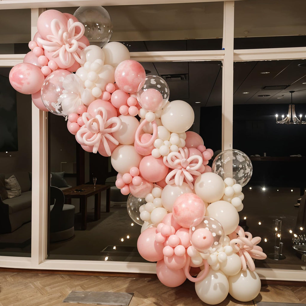 Saxuxu Pink Bow Balloons – 60pc Pink & White Kit with Confetti & Ribbon for Birthday, Wedding, Baby Shower