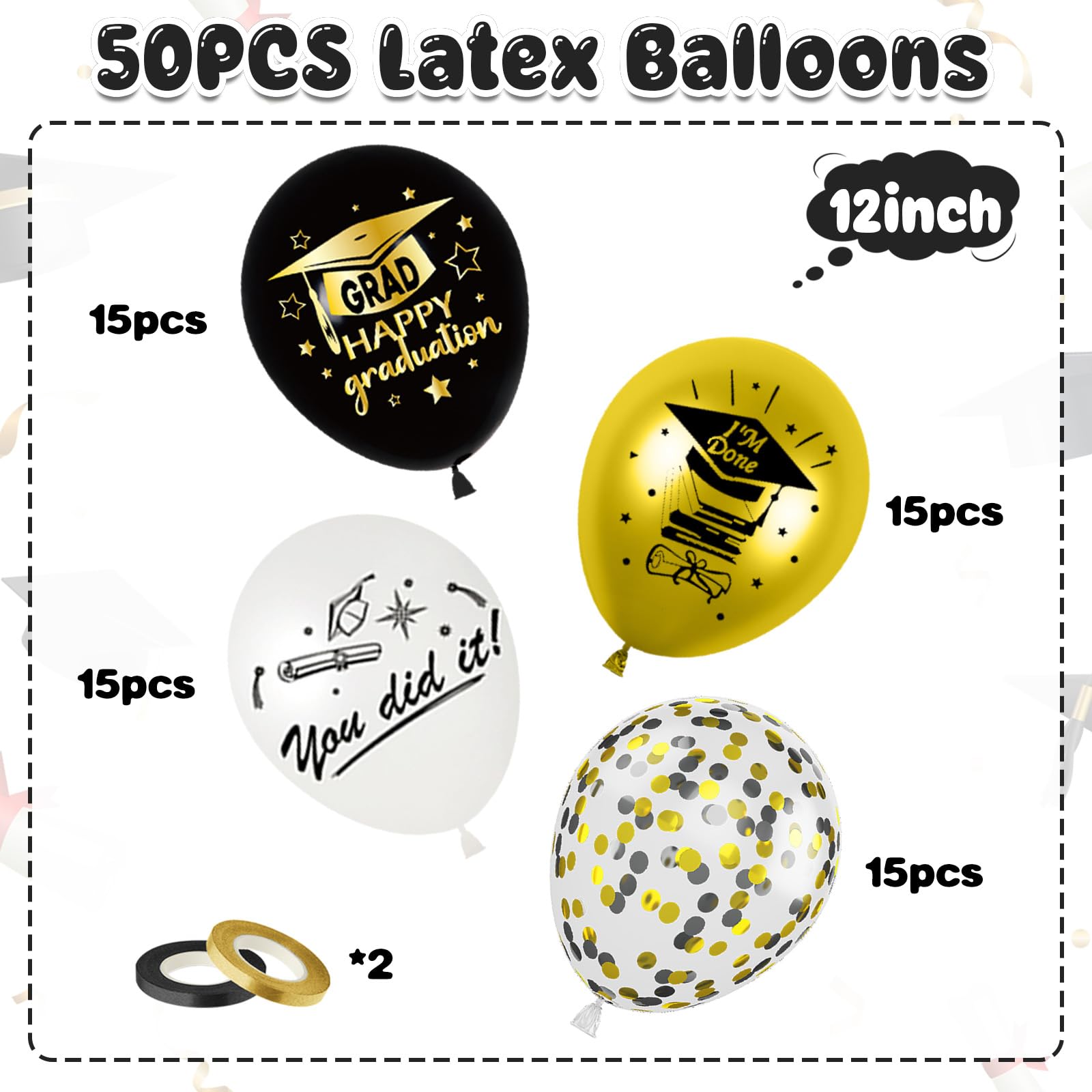 Saxuxu Graduation Balloons Set – 50pcs 12in Black Gold White Confetti for Class of 2025