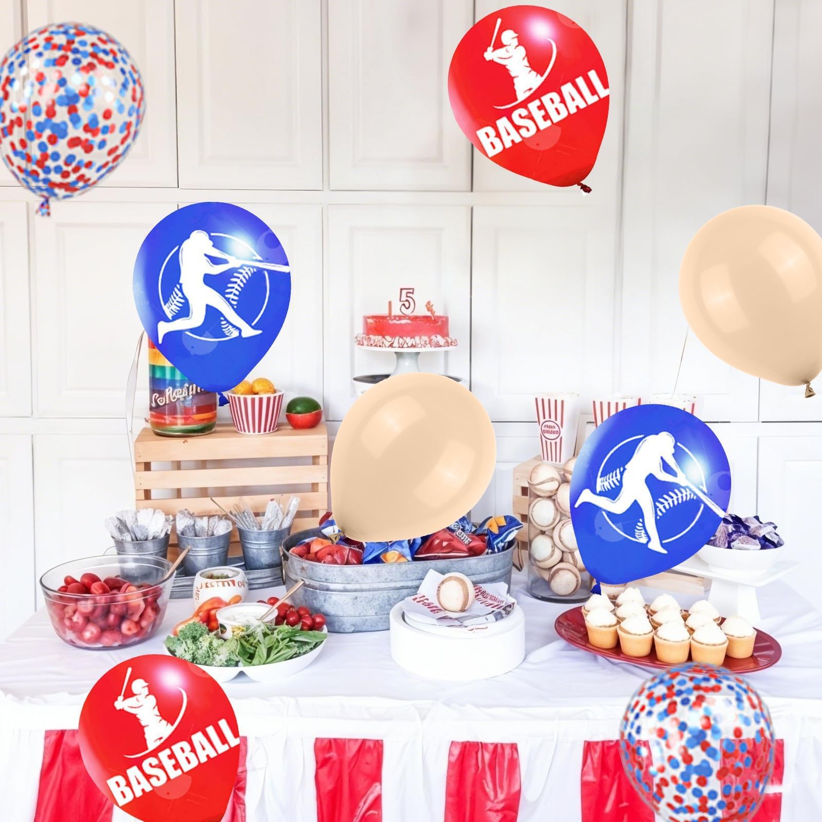 Saxuxu Baseball Balloons – 60pc 12in Confetti Red/Blue/Apricot for Sports Party Decorations
