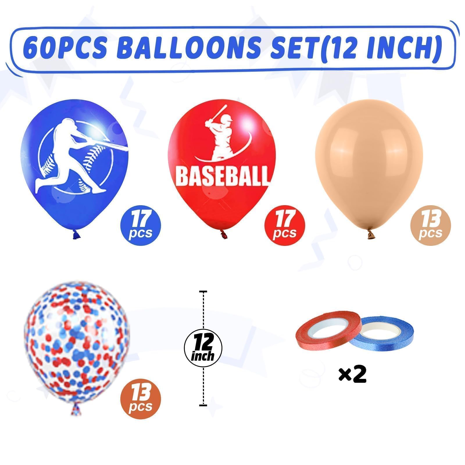 Saxuxu Baseball Balloons – 60pc 12in Confetti Red/Blue/Apricot for Sports Party Decorations