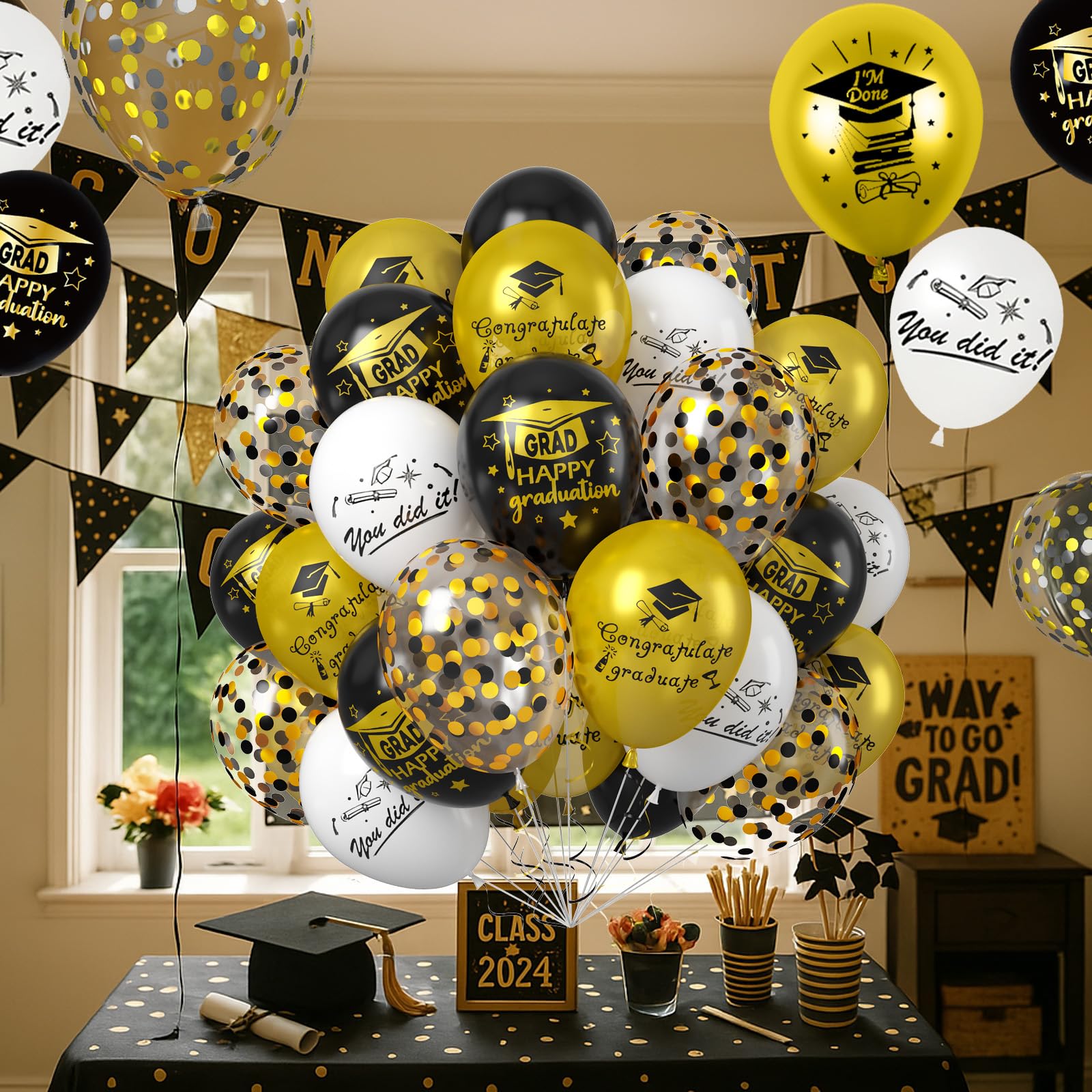 Saxuxu Graduation Balloons Set – 50pcs 12in Black Gold White Confetti for Class of 2025