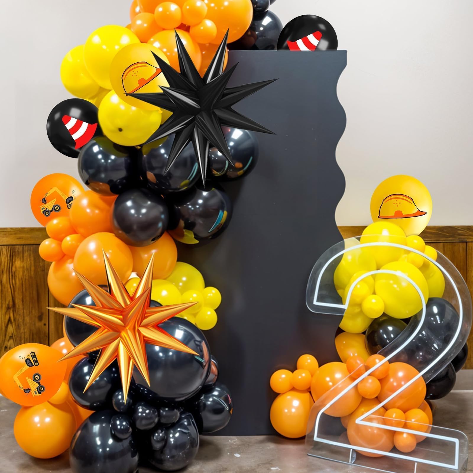 Saxuxu Construction Balloons – Black, Orange & Yellow Confetti for Excavator Party Decor