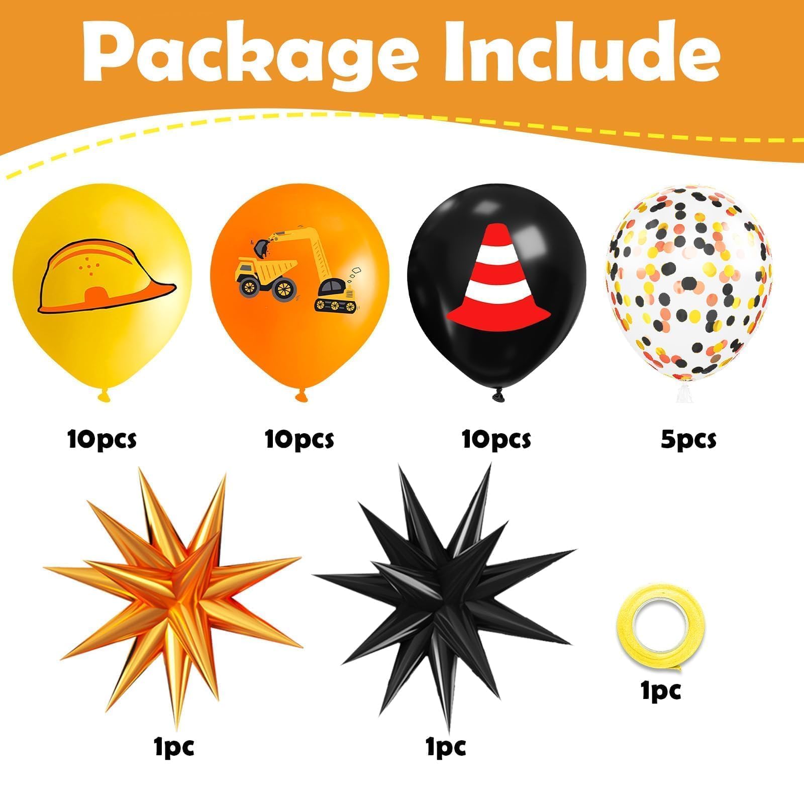 Saxuxu Construction Balloons – Black, Orange & Yellow Confetti for Excavator Party Decor