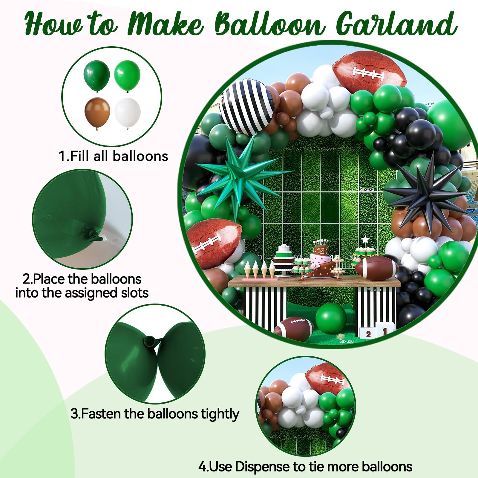 Saxuxu Football Balloon Arch Kit – Dark Green, Brown, White & Black Checkered Balloons