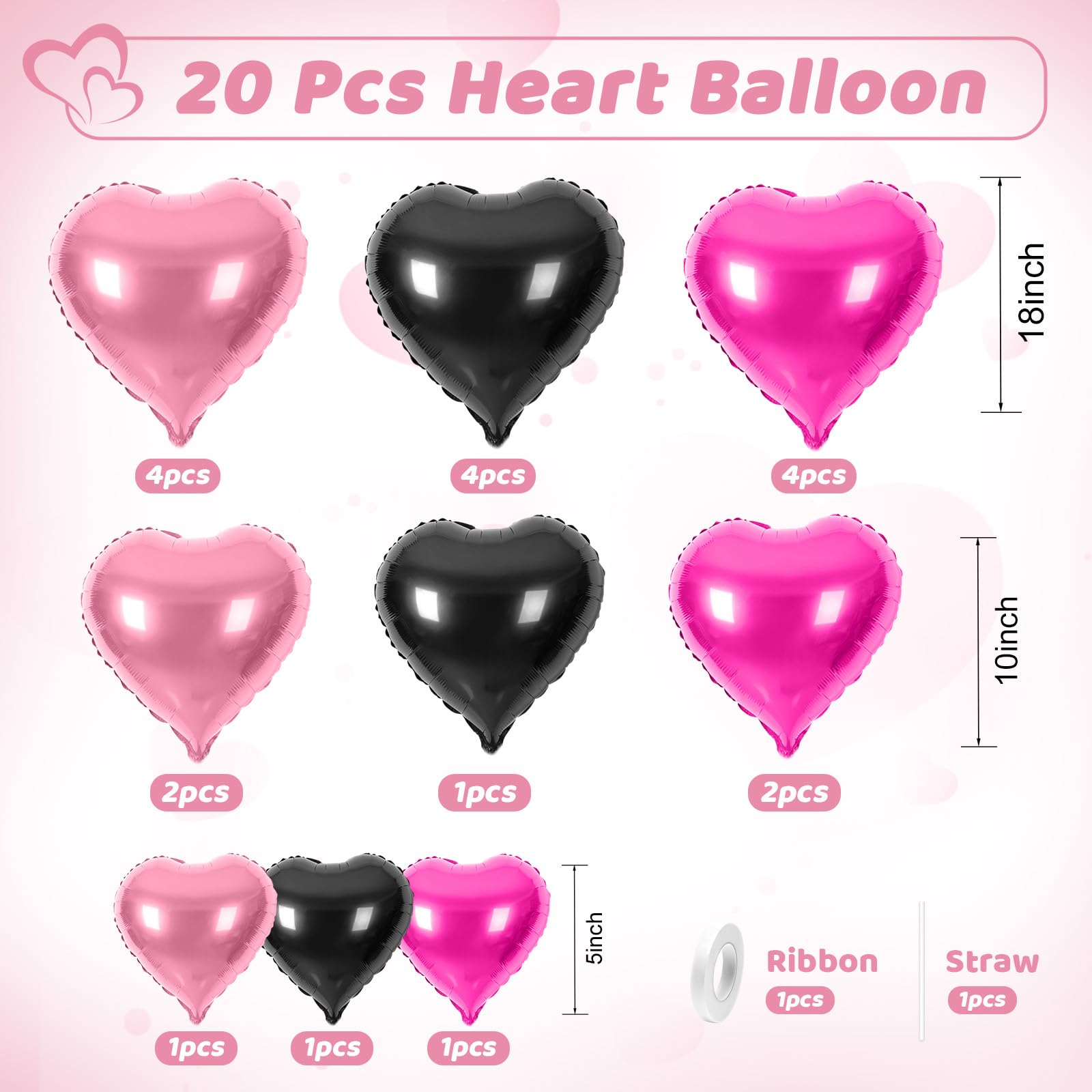 Saxuxu Hot Pink & Black Heart Balloons – 20 Pcs Foil Hearts (5/10/18in) for Valentine’s Day & Weddings
