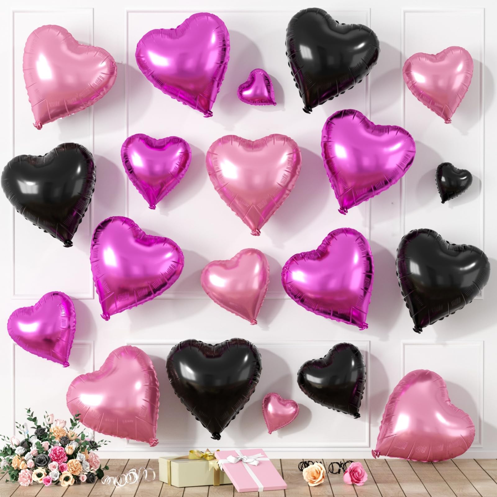 Saxuxu Hot Pink & Black Heart Balloons – 20 Pcs Foil Hearts (5/10/18in) for Valentine’s Day & Weddings