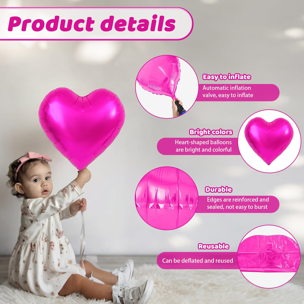 Saxuxu Hot Pink Heart Balloons – 20Pcs Foil Hearts for Valentine’s Day