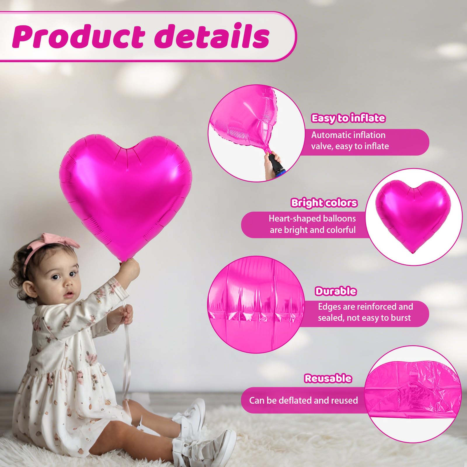 Saxuxu Hot Pink Heart Balloons – 20Pcs Foil Hearts for Valentine’s Day