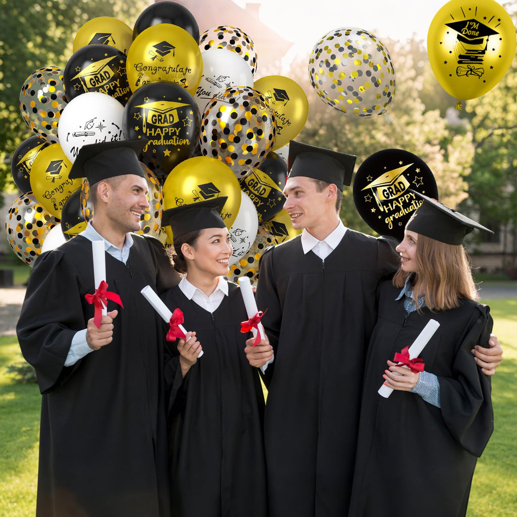 Saxuxu Graduation Balloons Set – 50pcs 12in Black Gold White Confetti for Class of 2025