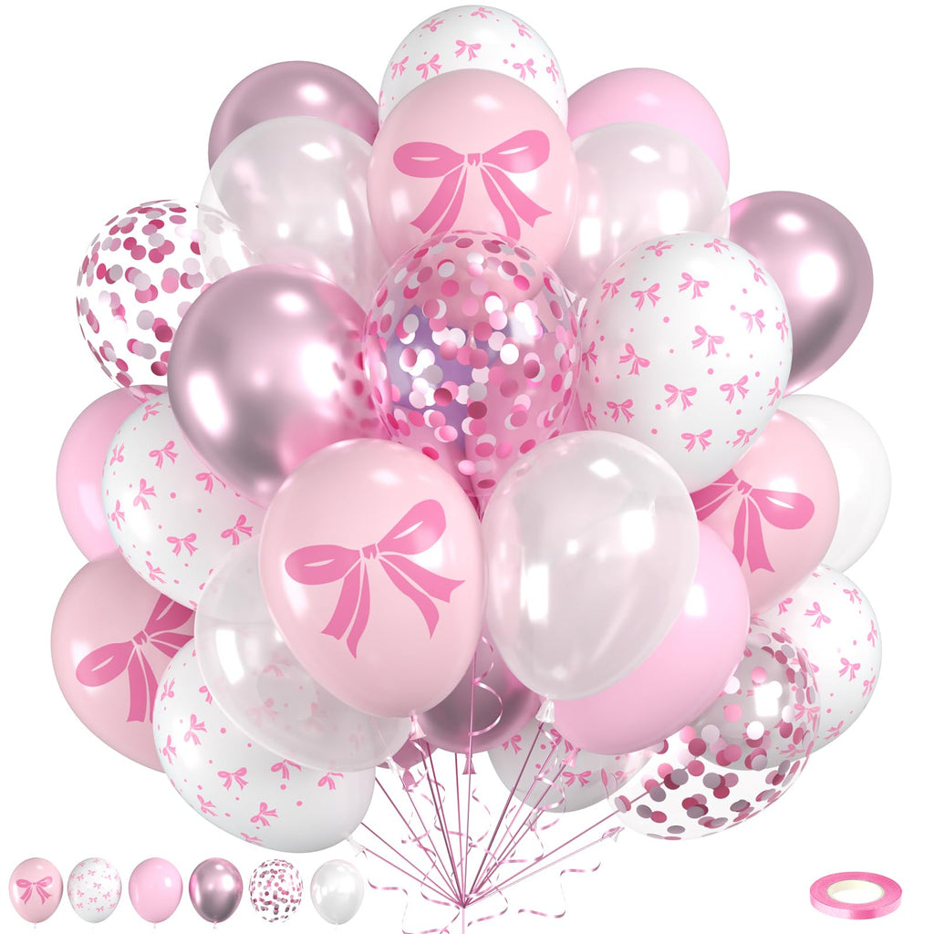 Saxuxu Pink Bow Balloons – 60pc Pink & White Kit with Confetti & Ribbon for Birthday, Wedding, Baby Shower