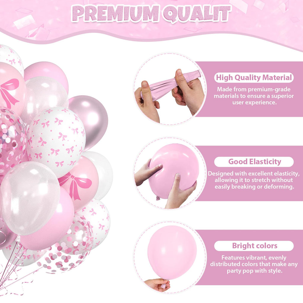 Saxuxu Pink Bow Balloons – 60pc Pink & White Kit with Confetti & Ribbon for Birthday, Wedding, Baby Shower