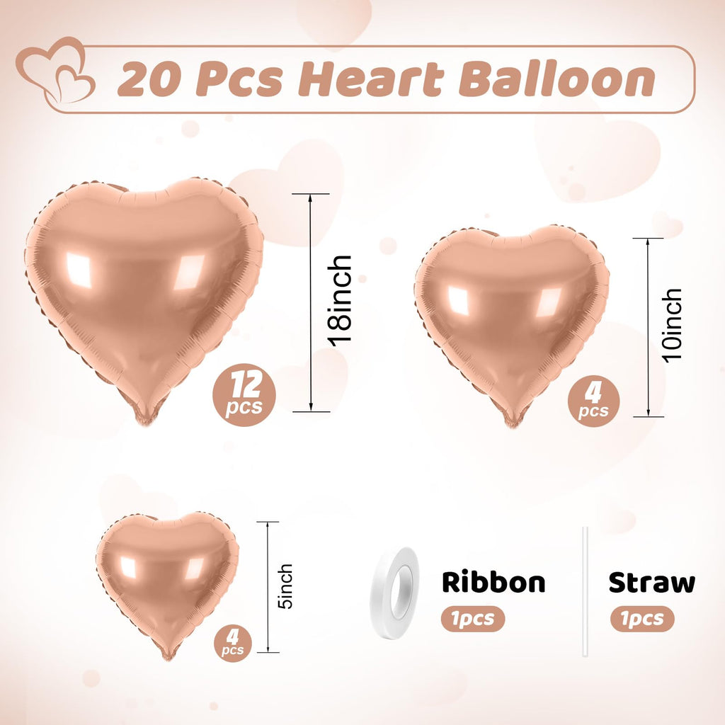 Saxuxu Rose Gold Heart Balloons – 20-Piece Foil Heart Set for Weddings & Valentines Day