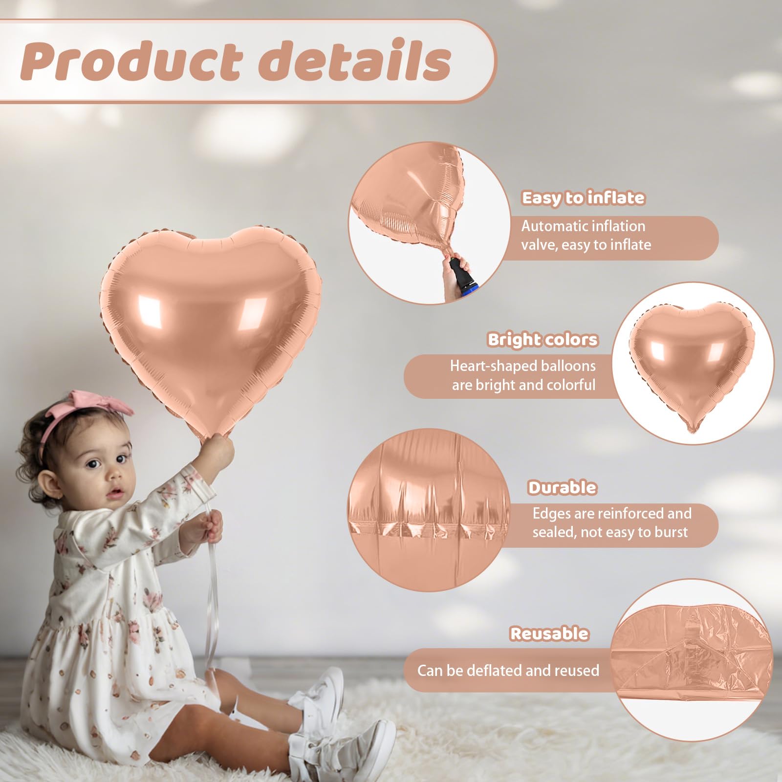 Saxuxu Rose Gold Heart Balloons – 20-Piece Foil Heart Set for Weddings & Valentines Day