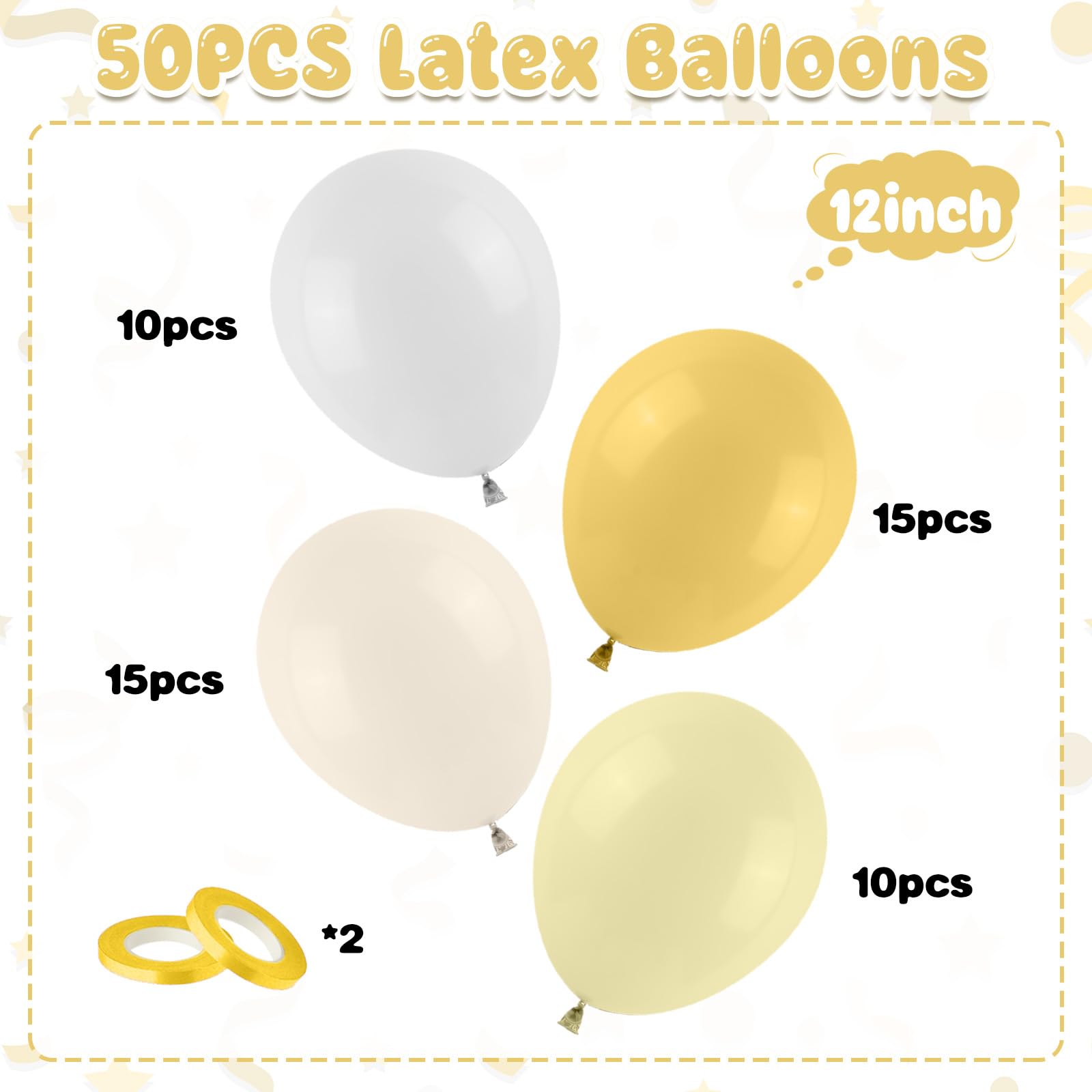 Saxuxu Mustard Yellow & White Balloons – 50pcs 12in Latex Party Decor