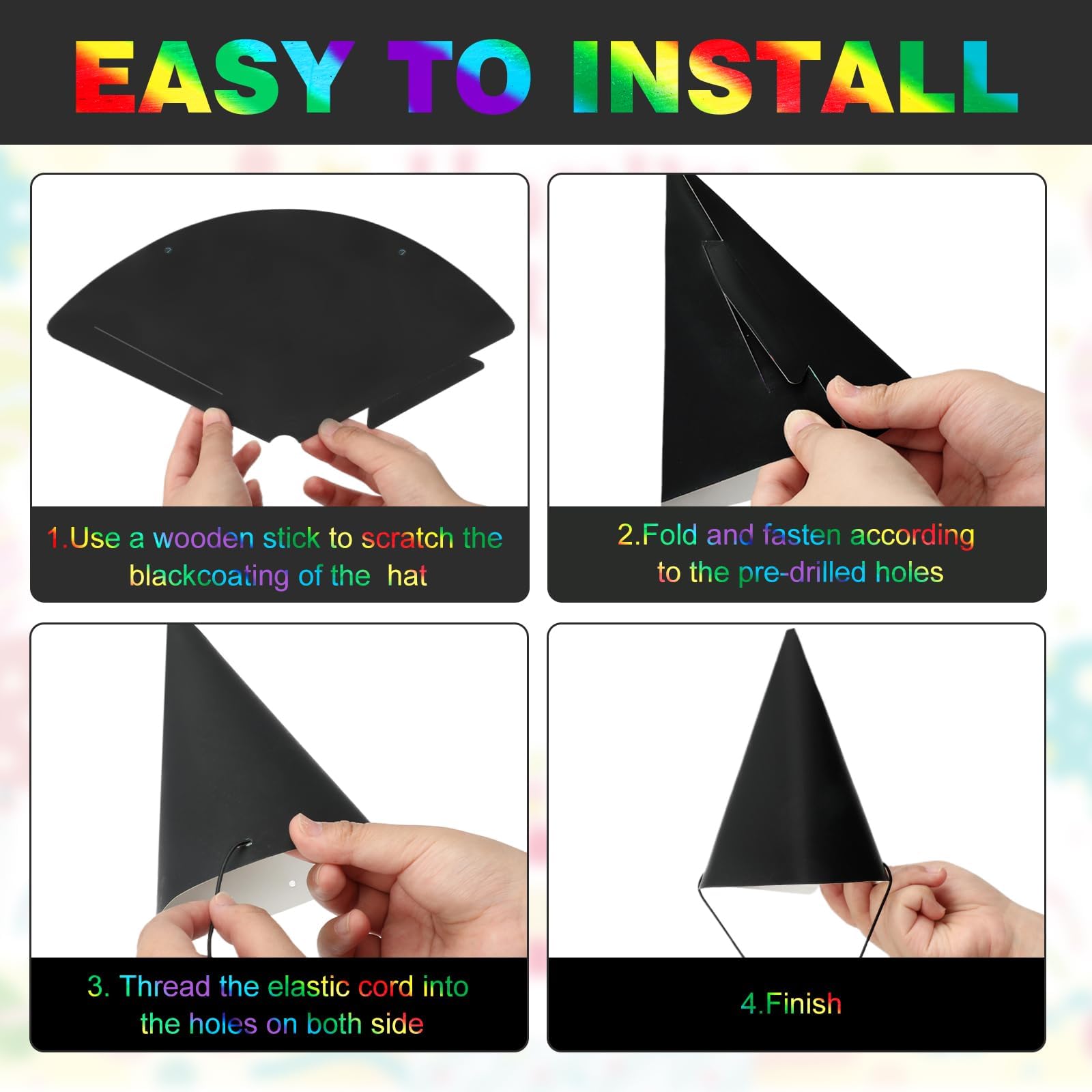 SAYAYA 72 PCS Rainbow Scratch Party Hats Bulk – DIY Birthday Cone Hats for Kids & Adults