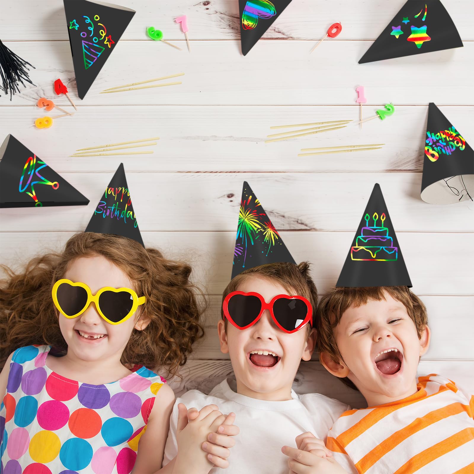 SAYAYA 72 PCS Rainbow Scratch Party Hats Bulk – DIY Birthday Cone Hats for Kids & Adults